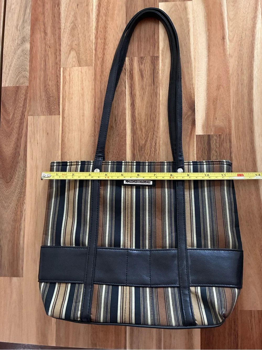 Longaberger Homestead Tote Bag Handbag Purse Black, Brown, Tan Stripe